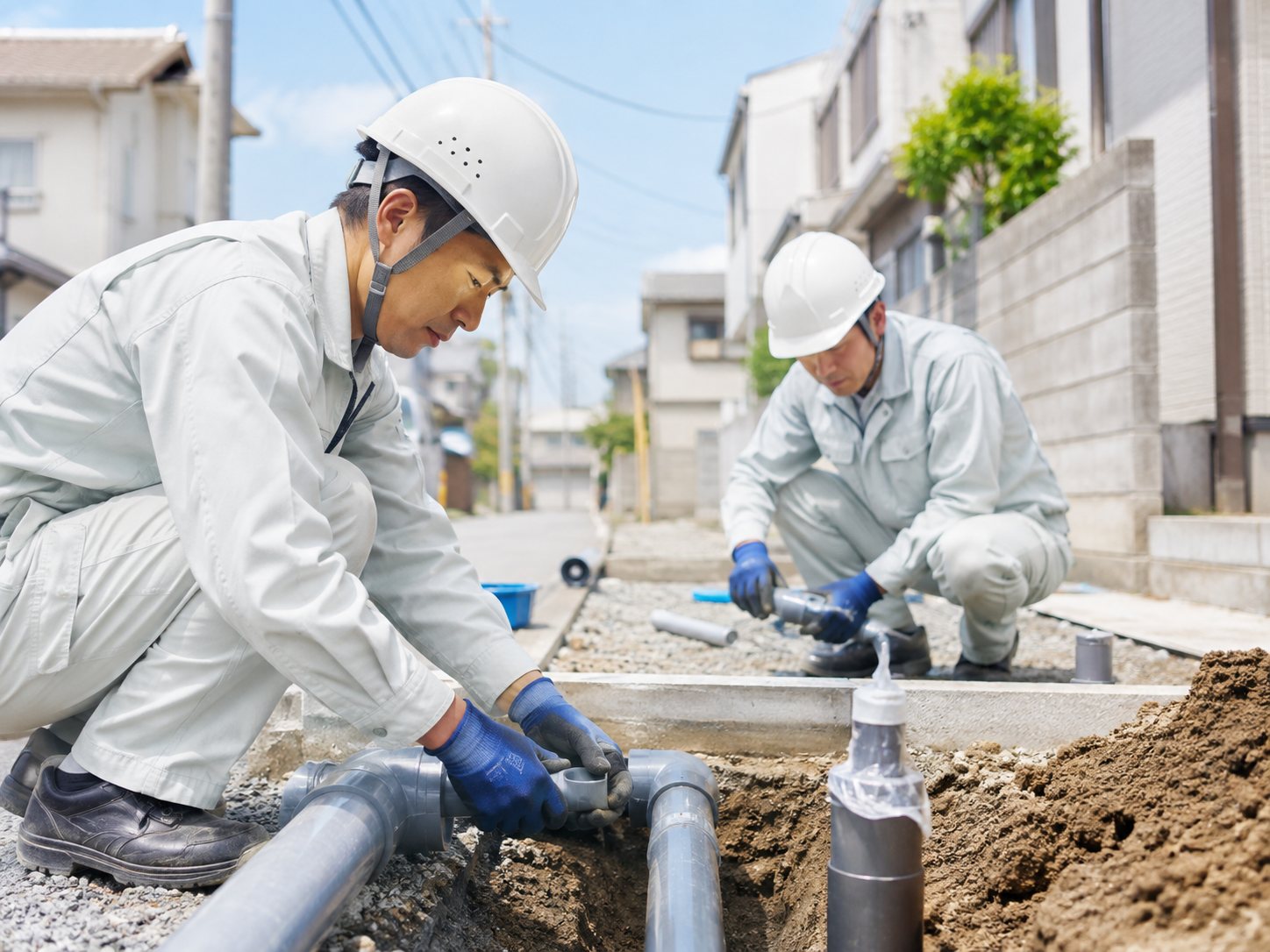 屋外で水道配管の接続と埋設工事を行う作業員